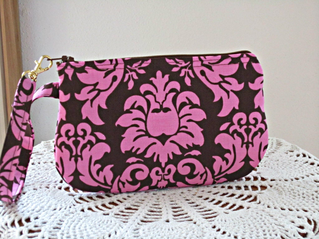 Wristlet Zipper Gadget Purse Pouch in Brown and Pink
