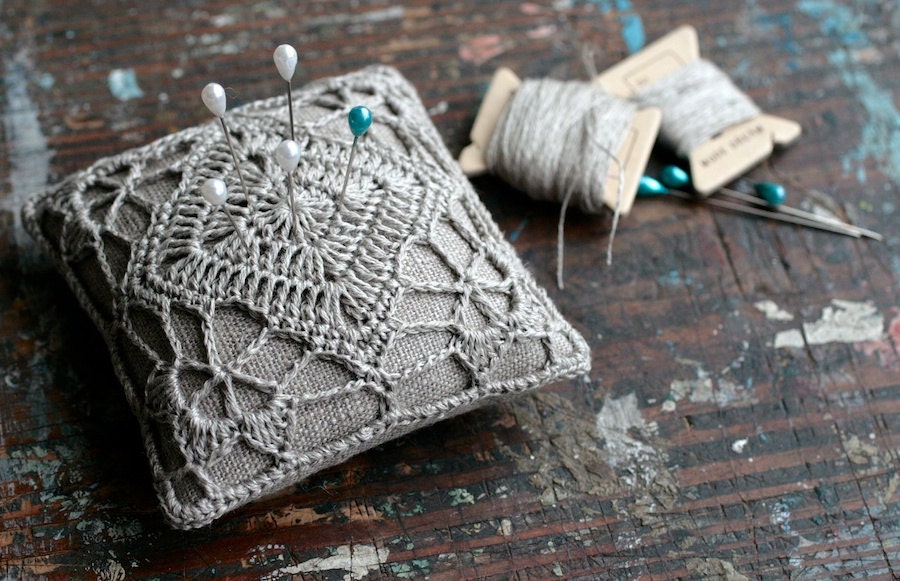 Linen pincushion - crochet motif -- natural