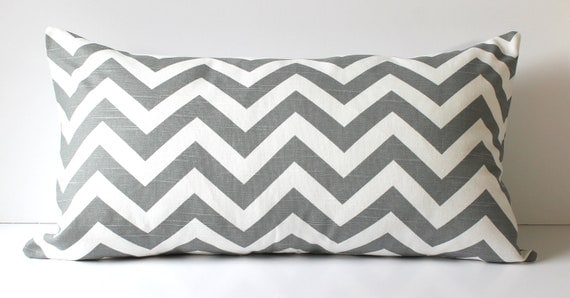 Decorative Pillow Cover - Ash Gray & White Chevron - 12 x 22 Accent Cushion Cover - Baby Nursery Decor