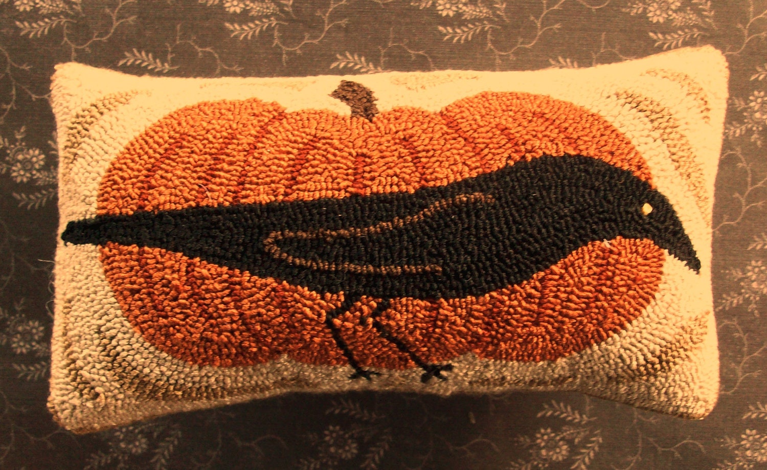 Primitive Needle Punch Pillow Fall Crow And Pumpkin