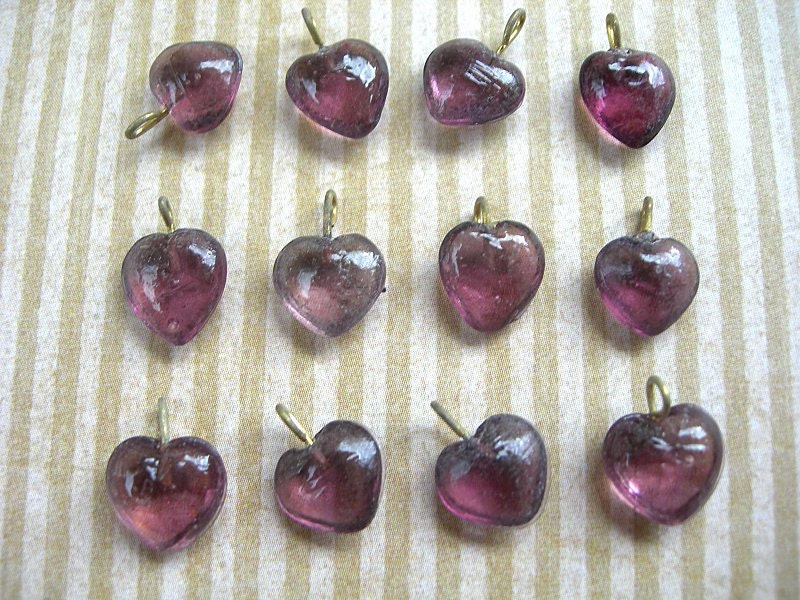 Vintage Purple Amethyst Heart Charms Japanese Pressed Glass Drops lot of 12
