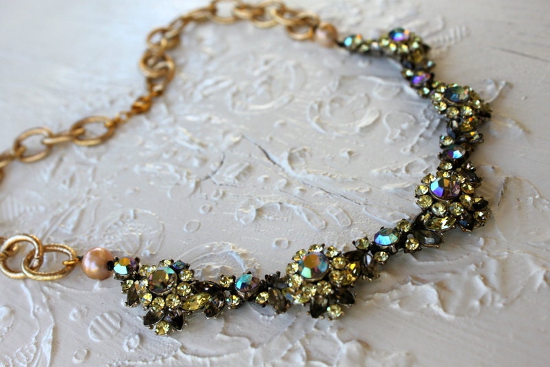 Vintage AB Rhinestone Pearl and Brass Assemblage Necklace....Eminant