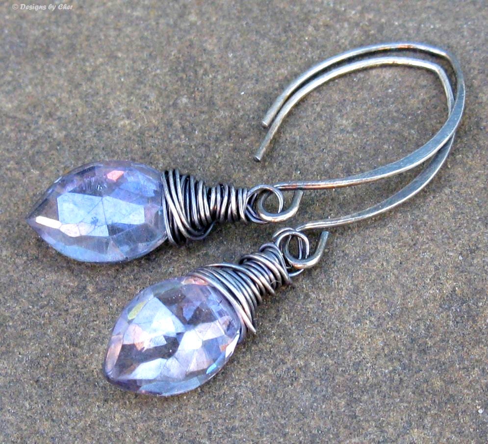 Mystic Violet Blue Quartz Marquis Earrings, Oxidized Sterling Silver Handmade Almond Earwires, Wire Wrapped Dangle Earrings