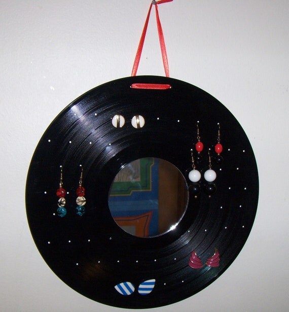 Vinyl Record Album EARRING HOLDER with MIRROR by ANewSpin on Etsy