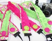 PreOrder camera strap padded  - lens cap pocket--Candy damask-lime-hot pink-ruffles - rosettes-by SNUGGLENS