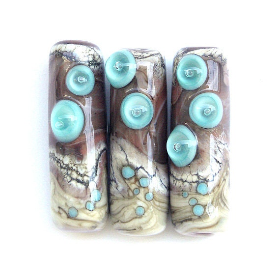 Raindrops - Lampwork Glass Bead Set in Brick Red and Aqua with Silvered Ivory, Tube Shapes (3)
