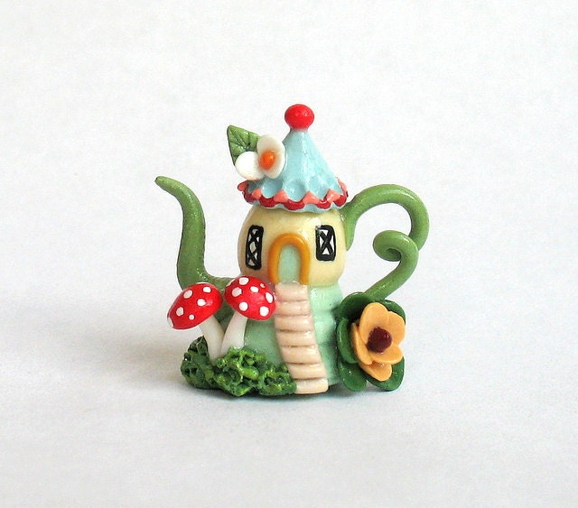 Miniature Cottage on Hill with Toadstools Teapot OOAK by C. Rohal