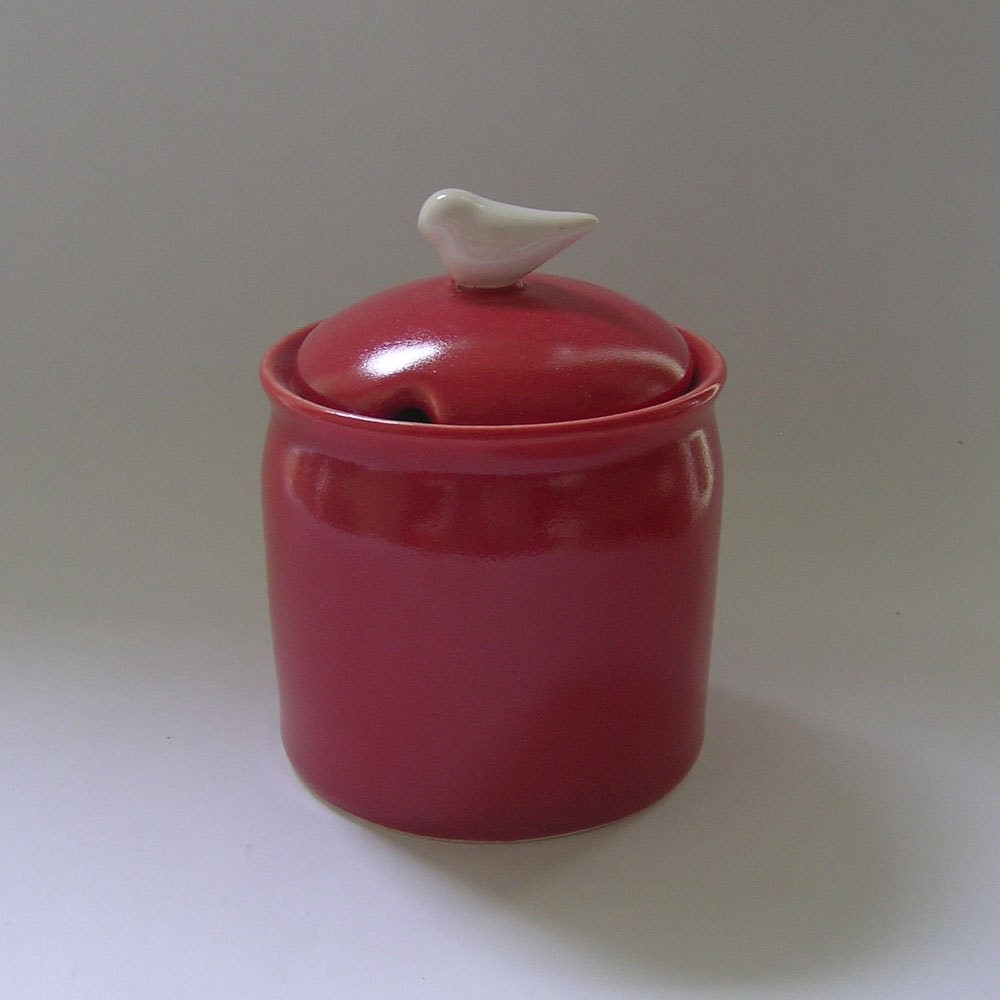Ceramic Jam, Sugar, or Honey Pot with Bird  in Red with White Bird