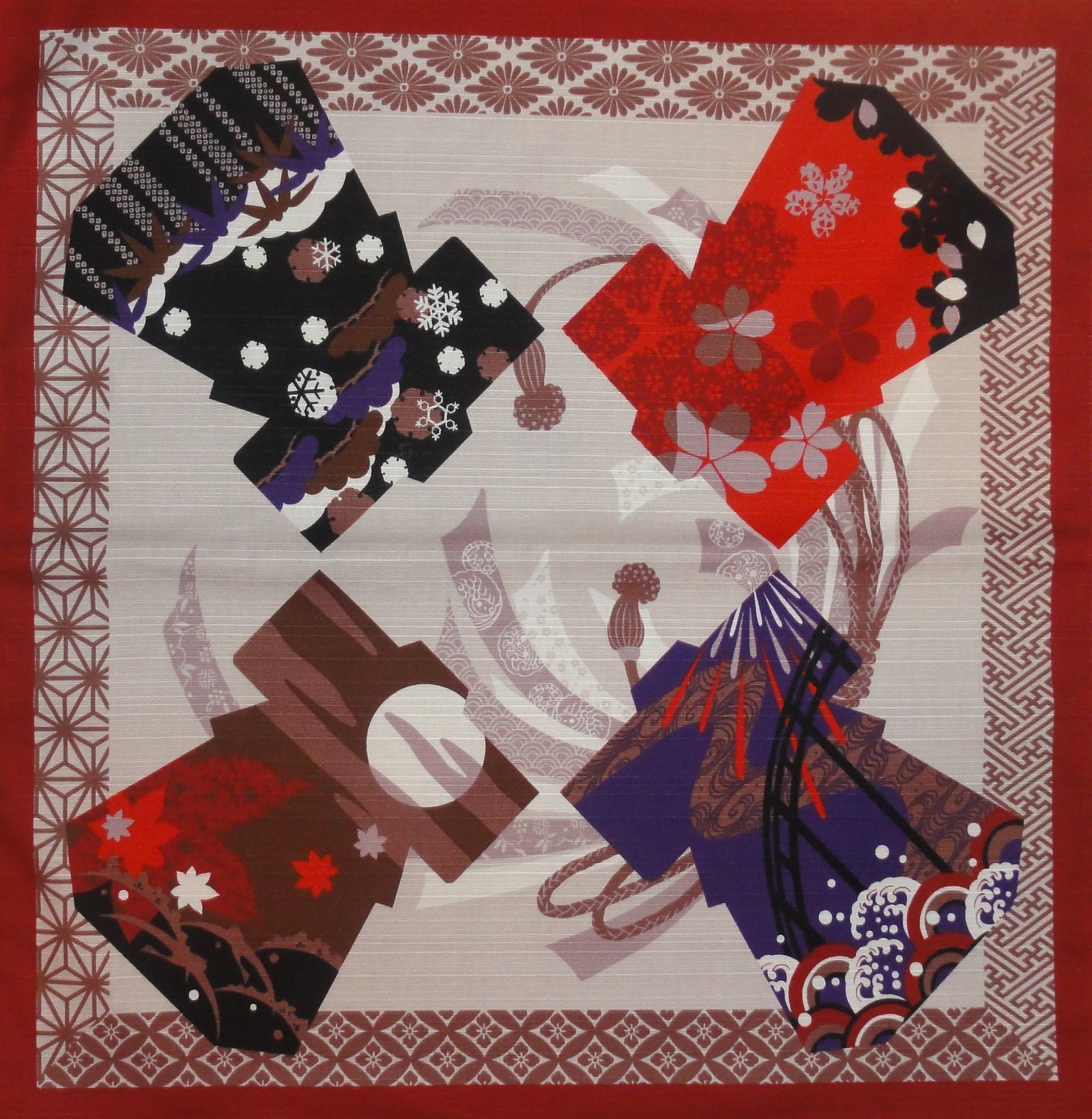 Small Size Red Cotton 'Kimono Through the Seasons' Furoshiki Japanese Fabric w/Free Shipping