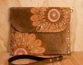 Leather Pouch - Emma pattern with flower - pink, silver and antique brown