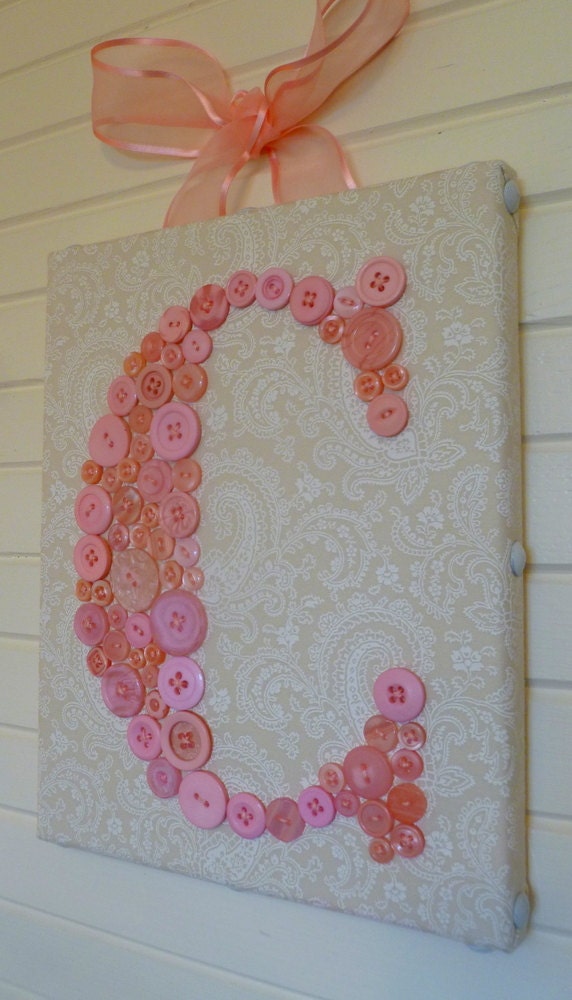 Baby Monogram Button Letter -- Vintage Style Wall Art for Baby Girl Nursery -- Pink Buttons on Ivory Paisley Canvas