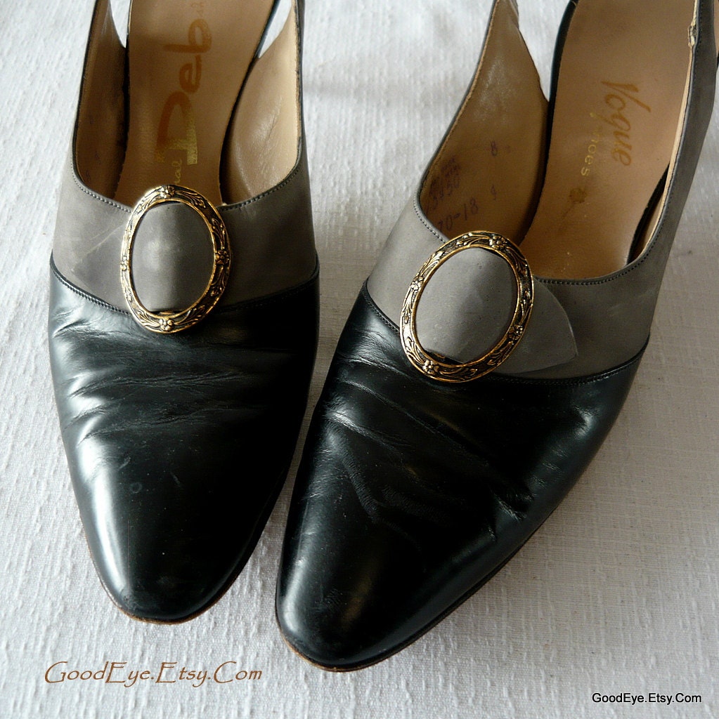 Vintage 60s Slingback Shoes size 8 .5 Eur 39  UK 6 Original DEBS Pilgrim Pumps Leather Black Grey