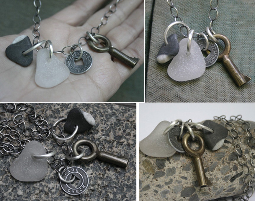 Seaglass Beach Stone Charm Necklace Vintage Token and Key - Kitchen Sink
