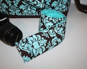Slr CAMERA Strap Cover Womens Blue Brown Damask with Lens Cap Pocket XcessRize Designs