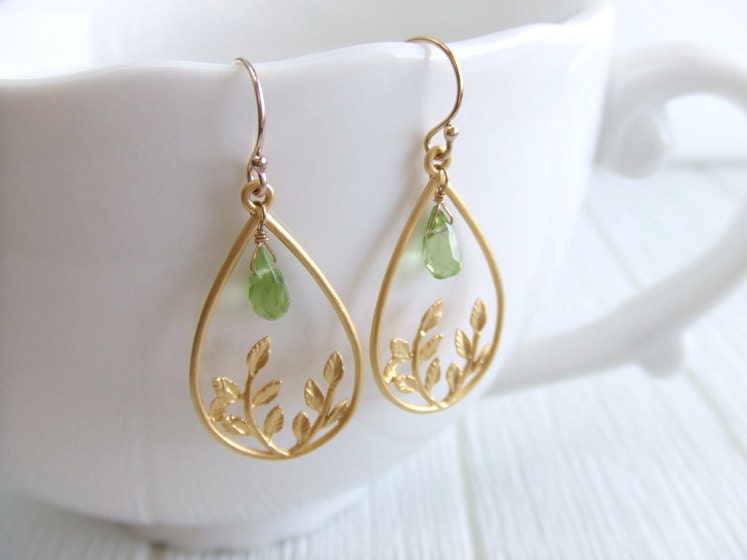 August Birthstone, Peridot Gemstones, Leaf Teardrop, Jewelry Earrings, Gold-Filled, 16K Gold-Plated Brass