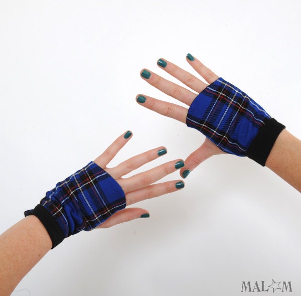 Blue Fingerless Mittens  - Bright Blue Plaid - Fall accessory