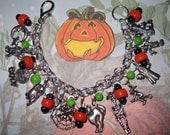 Halloween Charm Bracelet Jewelry Bat Devil Ghost Cat Witch Moon Spider Scarecrow JOL Skeleton Haunted House Owl Glass Beads & Pewter