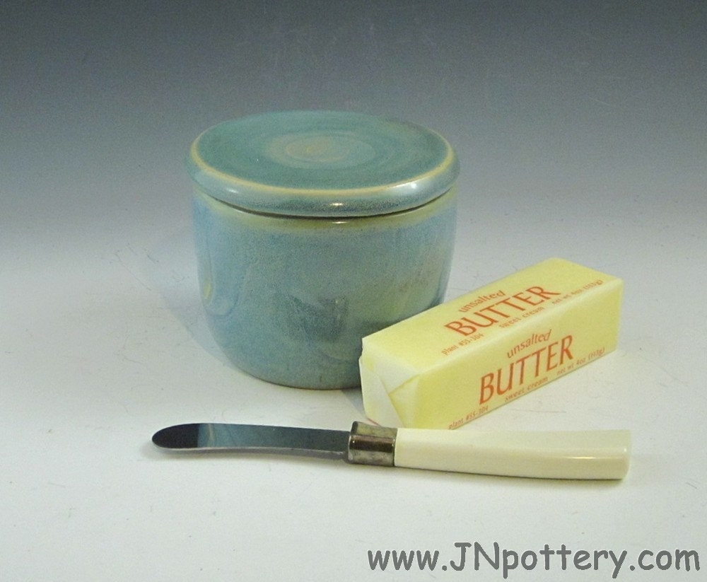 Stoneware / Ceramic Butter Crock / French Style Butter Keeper, Opal Blue s189