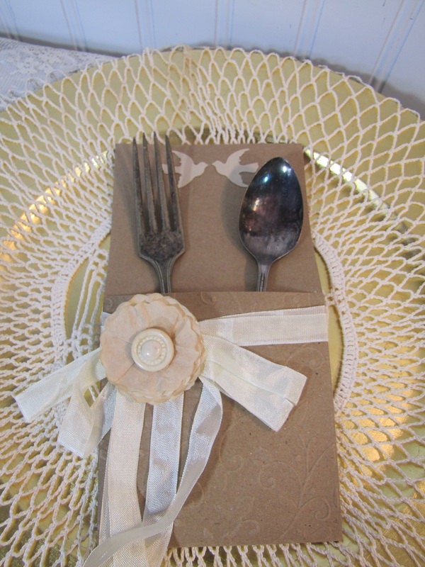 Shabby Chic Vintage Romantic Prairie Rustic Wedding Silverware Pocket set of 4
