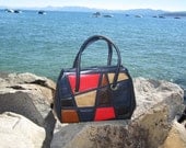 Vintage Colorblock Purse - 1970's Multi-colored Panels Faux Leather Vinyl - Mod Earthtones, Navy and Red - Abstract Geometric Trapezoids