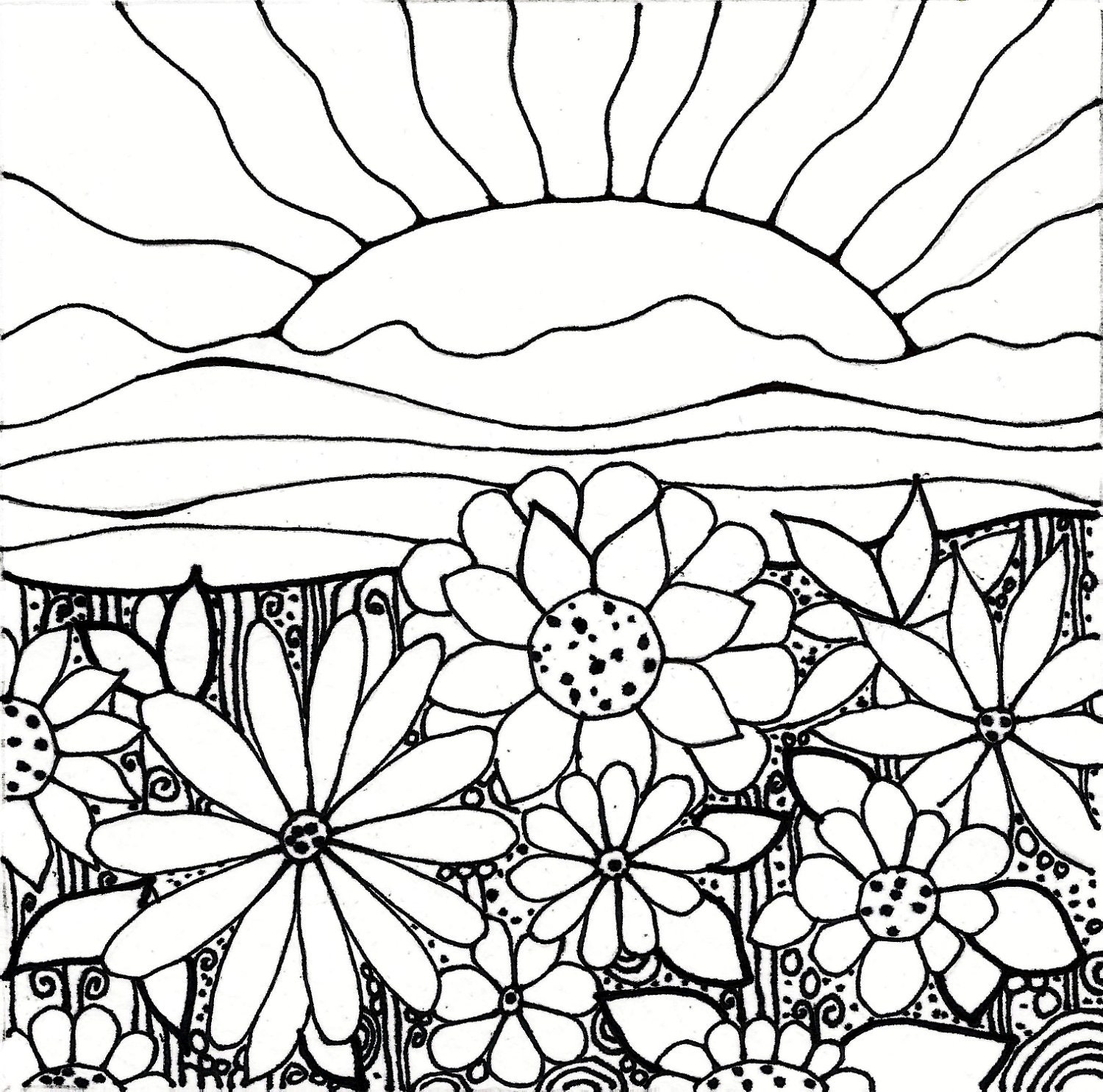 Download PrintableAdult Coloring Page digital hand drawn papers by me, printables sun sunset flowers hills shown are some examples