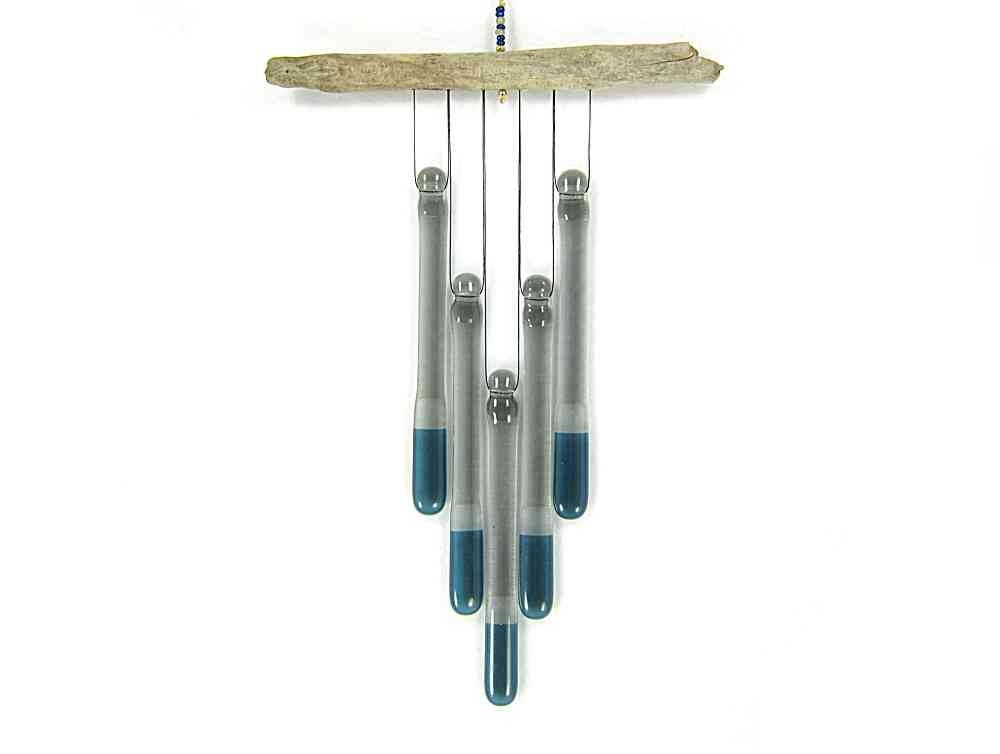 Steel Blue and Gray Glass Wind Chime with Oregon Driftwood