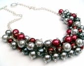 Red and Gray, Cluster Necklace, Winter Wedding, Pearl Necklace, Pearl Beaded Necklace, Bridal Jewelry, Chunky Pearl Necklace, Christmas