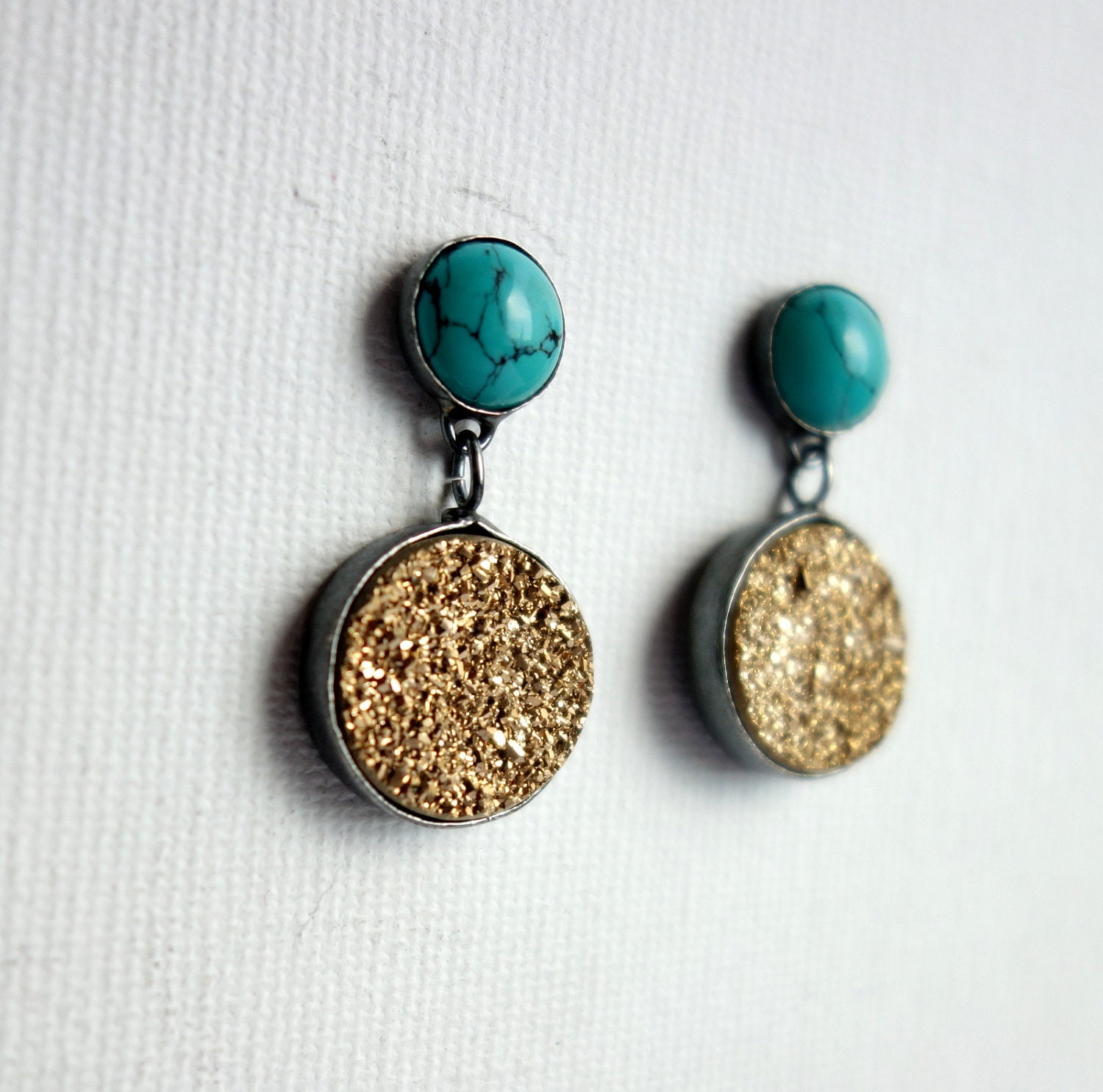 Sterling Silver Handmade Turquoise and Gold Drusy Dangle Earrings