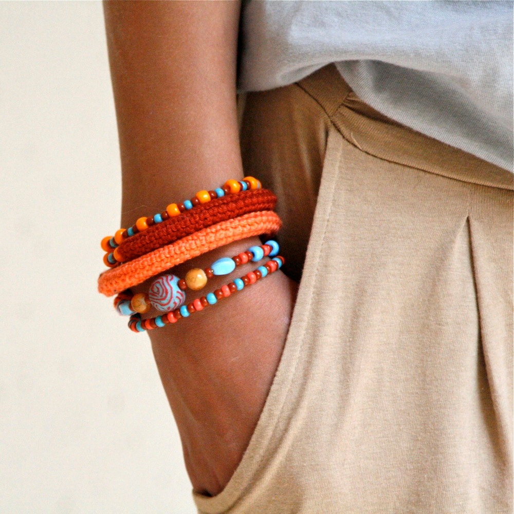Wrap Crochet Cuff Bracelet in Orange, Rusty Brown and Aqua Blue