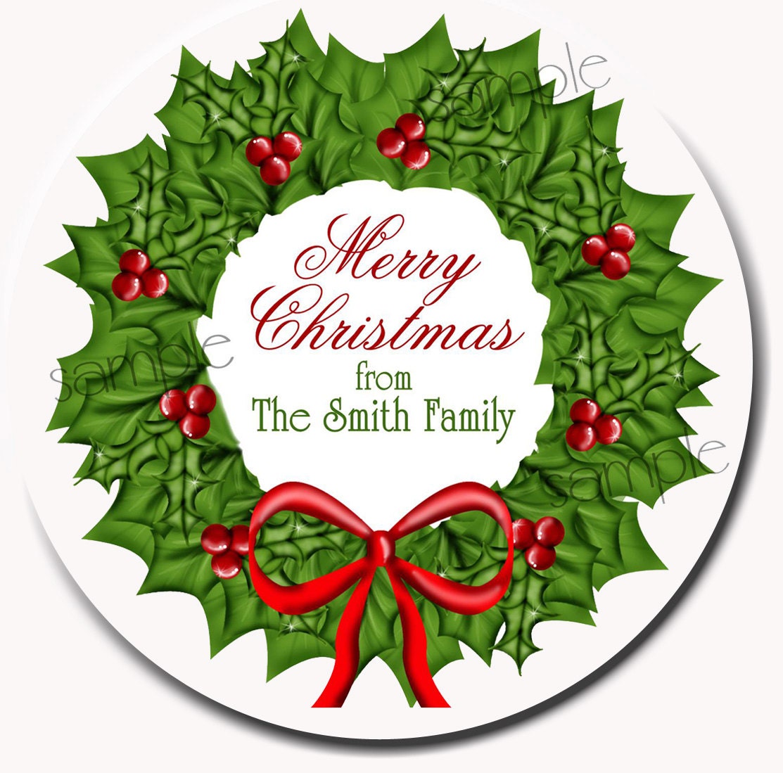 Personalized Christmas Stickers, Christmas wreath, Holly wreath,Labels, Seals, Favor, Gift, Present, Set of 12 Il_570xn