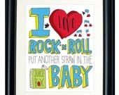 I Love Rock 'N Roll Hand drawn Type 11 x 17 Print Kids Room Decor in White/Blue