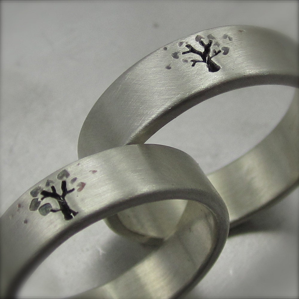 5mm & 6mm Wide Leafy Tree Wedding Band Set Sterling Silver. By Beth Millner
