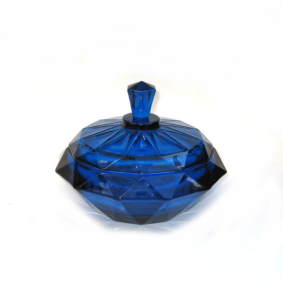 Vintage Cobalt Blue Glass Candy Dish Faceted Star by