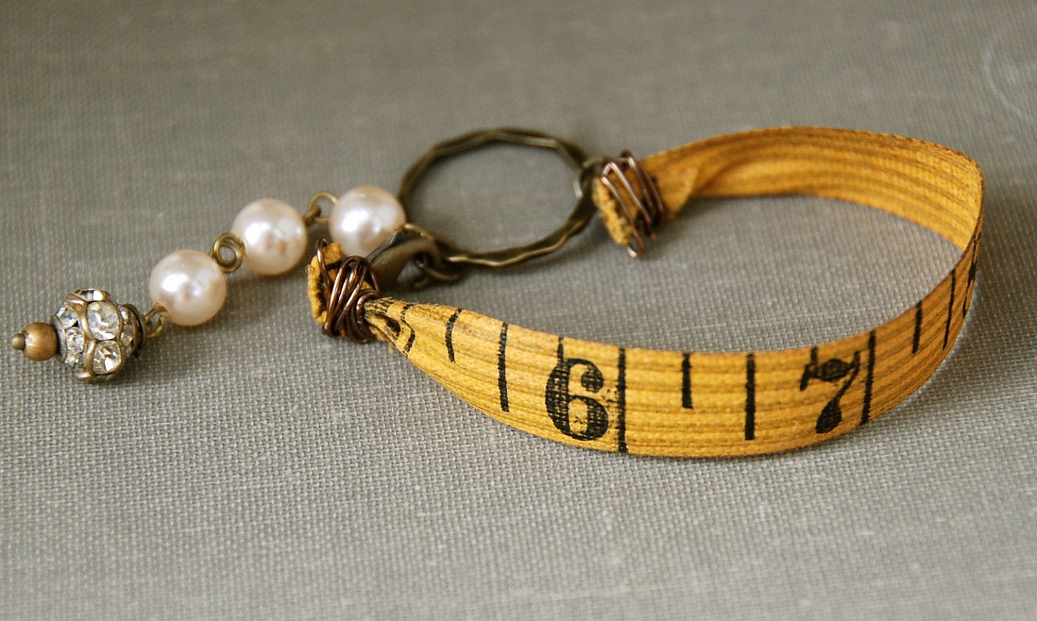 Vintage measuring tape pearl and rhinestone bracelet. Tiedupmemories