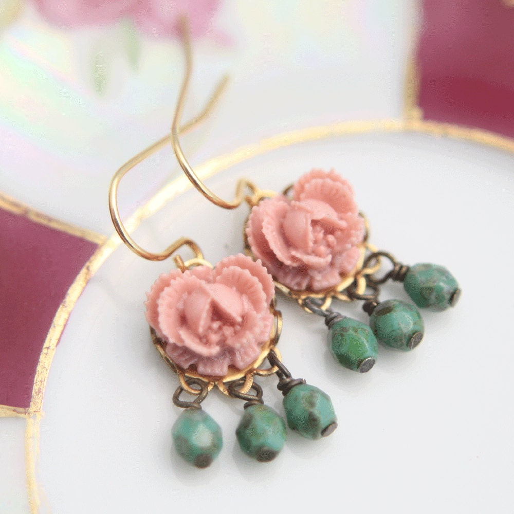 Rose Drop Earrings, Pink Rose Drop Earrings, Turquoise Glass Bead Dangle Earrings, Picasso Beads, Chandelier Dangle Earrings