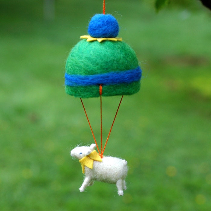 Parachuting Circus Lamb in Green - Needle Felted Whimsy