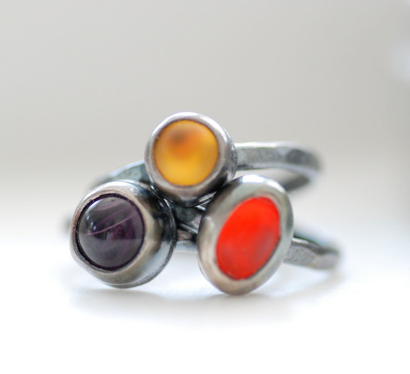 Glass Stacking Rings, Rustic Jewelry, Bezel Rings, Metalwork Rings, Blackened Silver Ring, Set of 3, Orange, Yellow, Purple, MADE TO ORDER