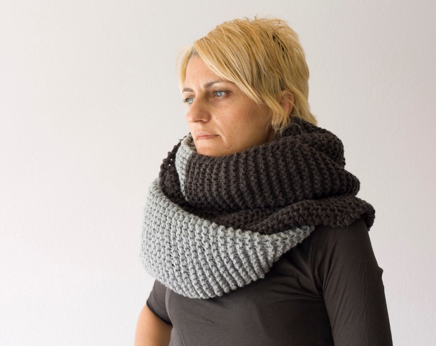 Infinity scarf , knit long chunky scarf in grey and dark grey