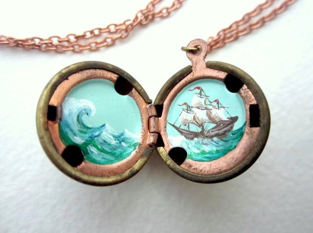 Tropical Locket, Hand-Painted in Oil, Ship Sailing in the Caribbean in Bright Aqua Waves