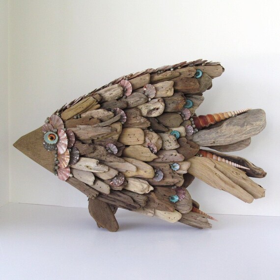 Driftwood Sculpture Fish Angelfish Shells