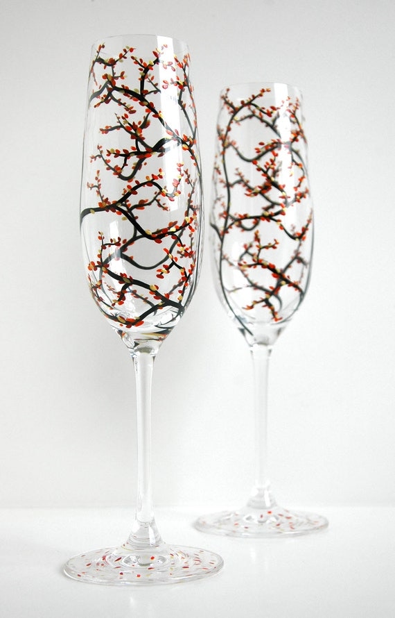 Fall Wedding Champagne Flutes--Set of 2 Personalized Champagne Flutes