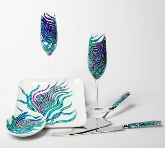 Peacock Wedding Toast and Cake Serving 6-Piece Customized Collection--Peacock Toasting Flutes, Ring Dish, Cake Plate, Cake Serving Set