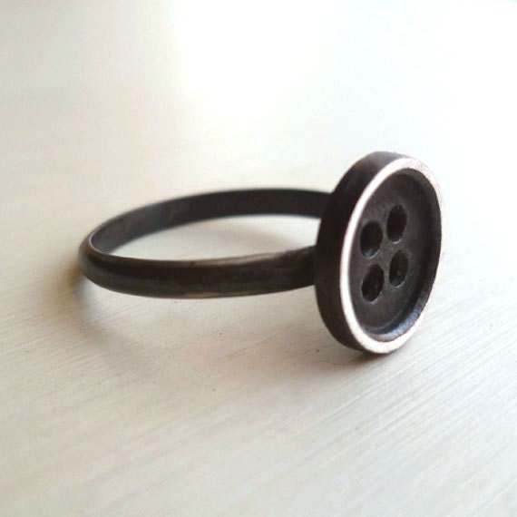 Button Ring - Oxidized - Sterling Silver - Sewing Inspired - Cottage Chic - Modern Design - Black - Rustic - Custom Made - Button Jewelry