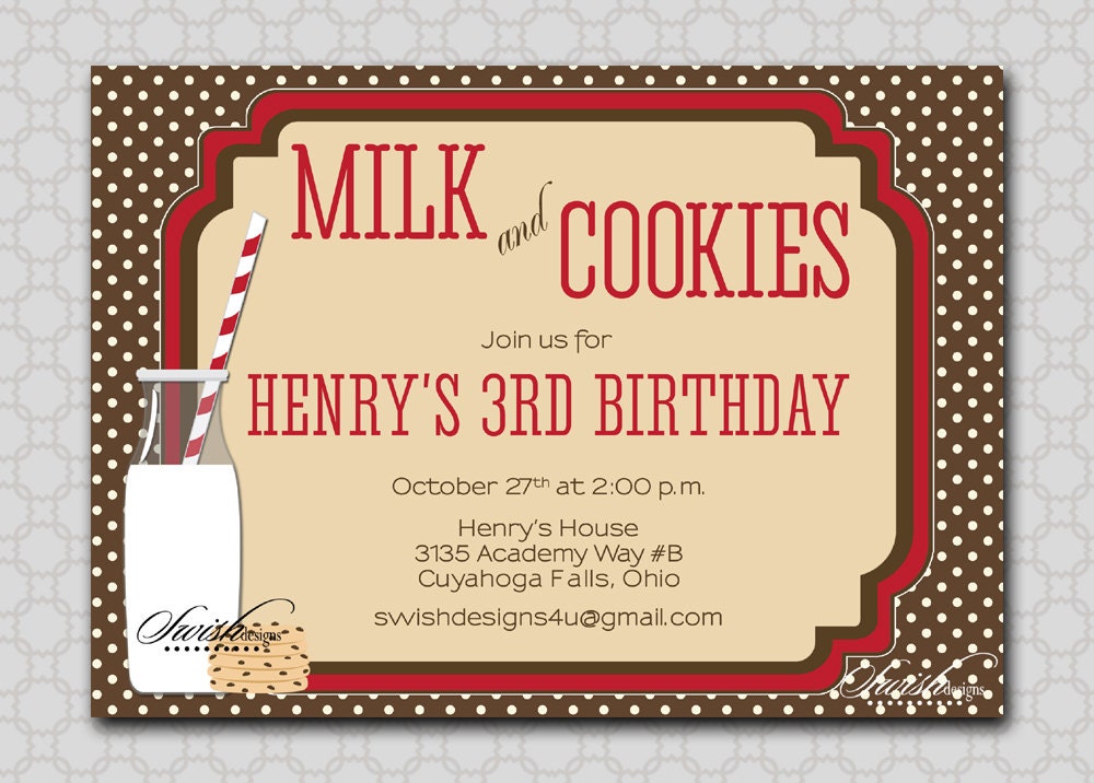 Cookies and Milk Invitation - birthday party printables  - Digital 5x7 Invite