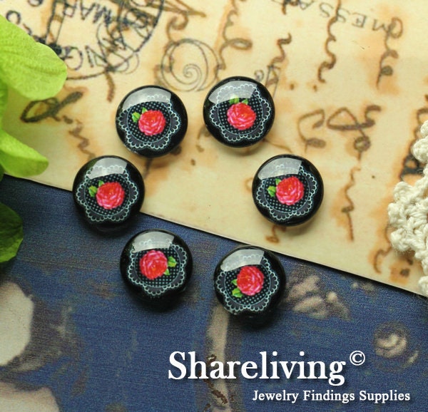 10pcs 12mm Handmade Photo Glass Cabs Cabochons ( Rose )   -- BCH208J