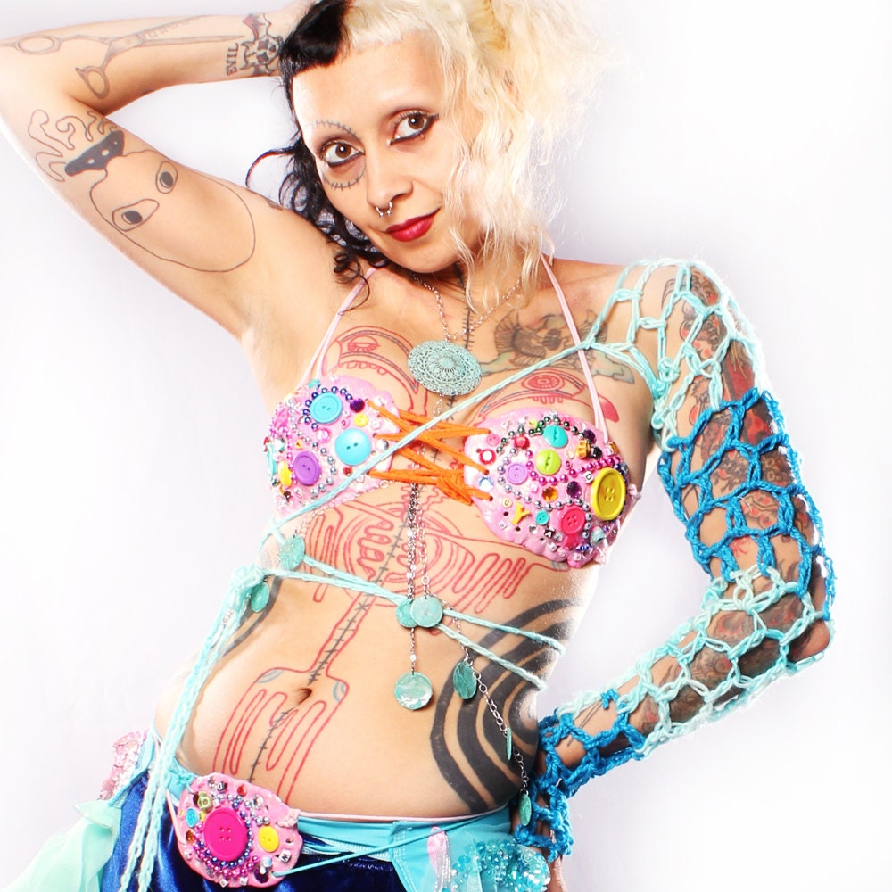 Body Candy Arm Warmers - Crochet One Long Sleeve blue Warrior Pirate Stripe soft Belly Dance Gothic Lolita fishnet Mermaid