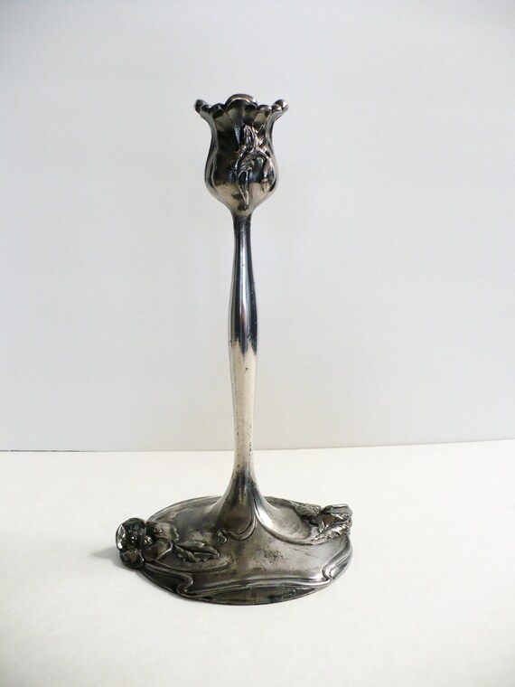 Antique Art Nouveau Candlestick Weidlich Bros Mfg Co marked W.B. MEG CO 1900s Ornate Floral Metal Silver Plated Candle Holder Decor USA