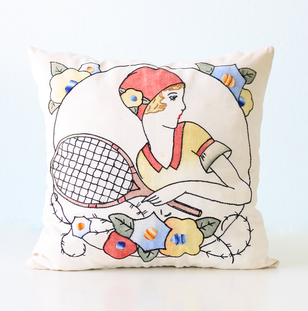 Vintage Pillow - Tennis Player Flapper Girl