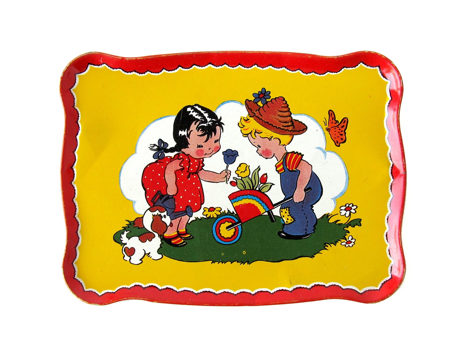 Vintage LITTLE GARDENERS, Boy & Girl, Tin Toy Tray