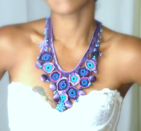 Dreamy feathers, Peacock, crochet statement necklace